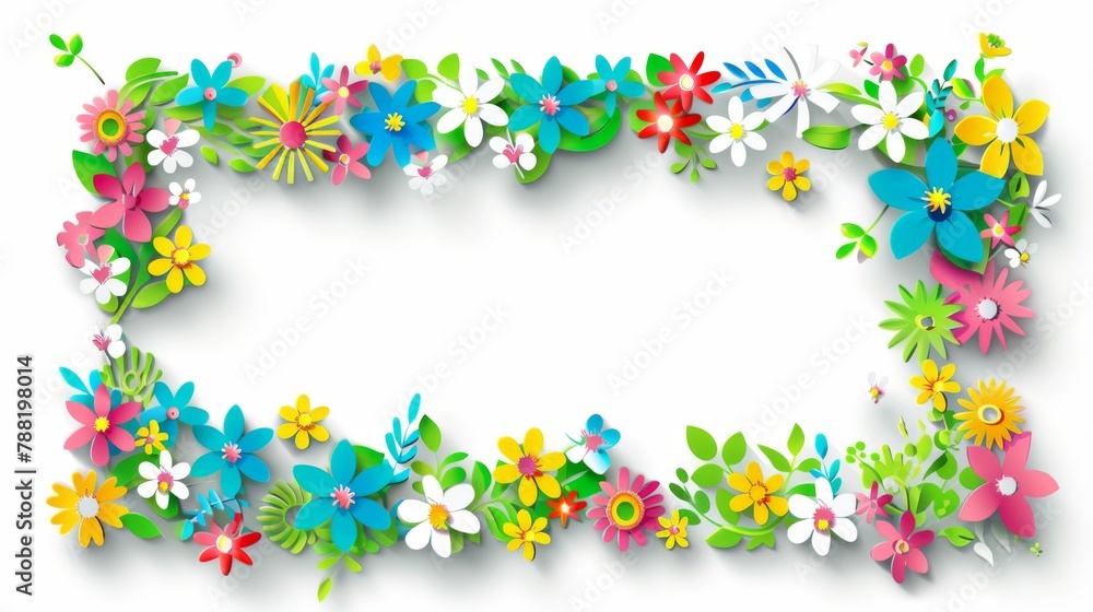 Floral patterns around edges. Beautiful background with delicate plants blooming at edges on white backdrop. Horizontal border with pastel spring summer flowers