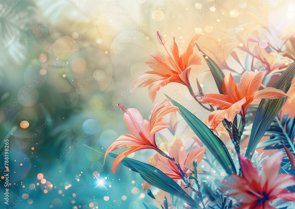 Fototapeta premium Enchanting Orange Lilies with Soft Bokeh Lights in Dreamy Garden Setting