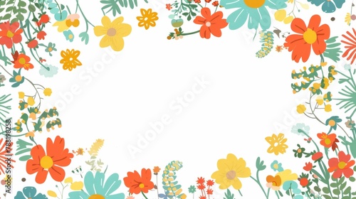 Floral patterns around edges. Beautiful background with delicate plants blooming at edges on white backdrop. Horizontal border with pastel spring summer flowers