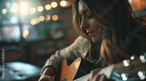 Young Woman Playing Acoustic Guitar in Cozy Cafe Environment