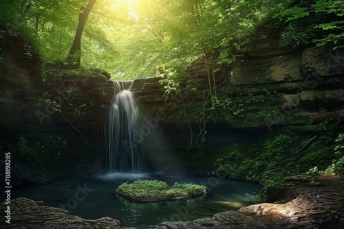 Majestic Waterfall Surrounded by Lush Green Forest, An enchanting waterfall flowing into a heart-shaped pond in a secluded forest, AI Generated © Ifti Digital
