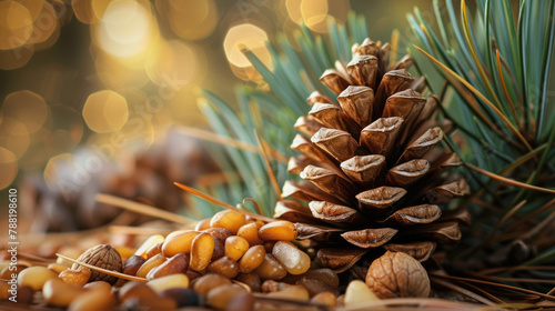 Pine nuts with pine cone and branches. Peeled pine cone kernels. Healthy organic nutrition, source of vegetable fats and vitamins photo