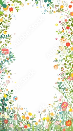 Floral patterns around edges. Beautiful background with delicate plants blooming at edges on white backdrop. Horizontal border with pastel spring summer flowers