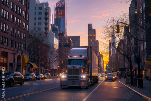  A heavy commercial vehicle or trailer passing through city roads during evening traffic