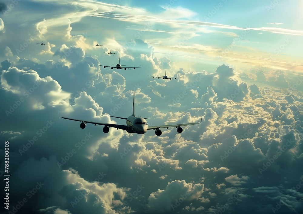 Naklejka premium Fleet of Commercial Airplanes Flying Above Clouds during Sunset