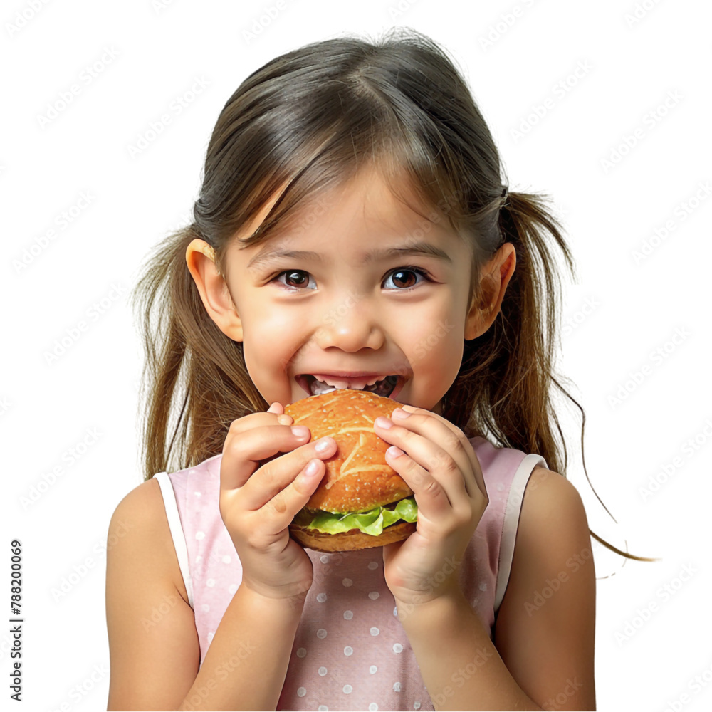A cute girl eating a burger looking very happy