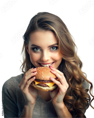 A beautiful young woman eating a burger looking very happy
