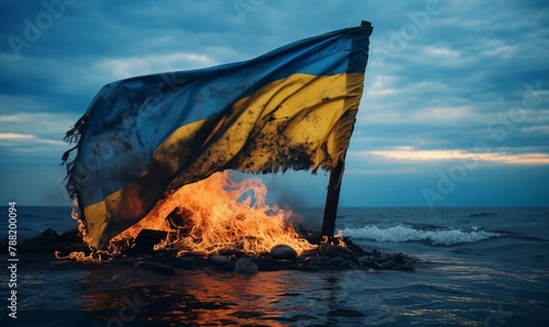 Burning Ukrainian flag on the background of the sea. Loss of the sea. Defeat photo
