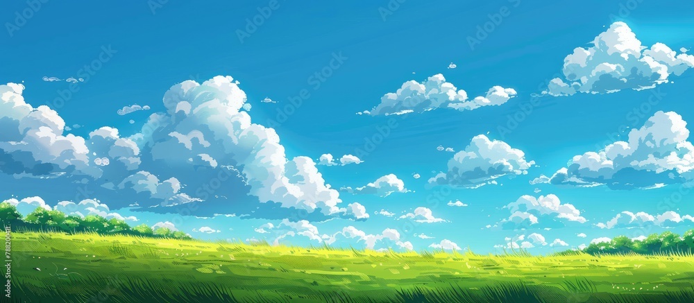 A green field beneath a blue sky dotted with clouds. A green field beneath a blue sky dotted with clouds.
