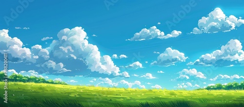A green field beneath a blue sky dotted with clouds. © Lasvu