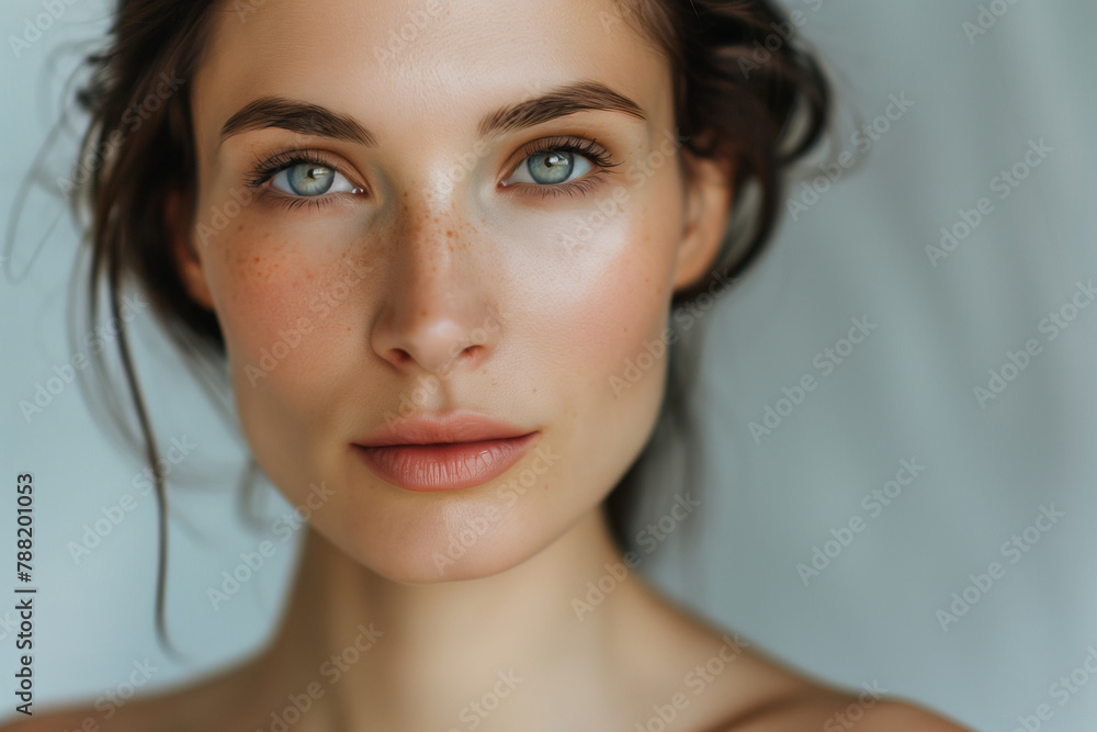Naklejka premium Embrace the Charm of Natural Beauty: A Young Woman's Face with Freckles in High Definition, Exemplifying Authenticity 