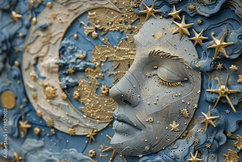 Mystical woman's face painted on blue wall with gold stars and crescent moon background illustration