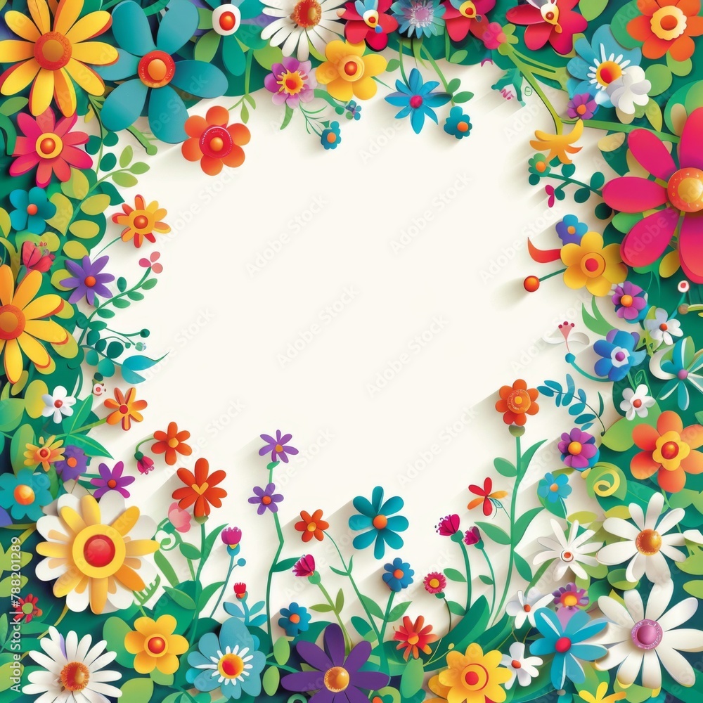 Floral patterns around edges. Beautiful background with delicate plants blooming at edges on white backdrop. Horizontal border with pastel spring summer flowers