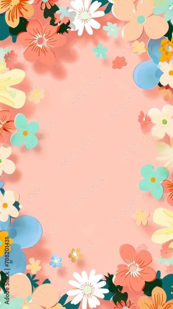 Floral patterns around edges. Beautiful background with delicate plants blooming at edges on white backdrop. Horizontal border with pastel spring summer flowers Floral patterns around edges. Beautiful background with delicate plants blooming at edges on white backdrop. Horizontal border with pastel spring summer flowers