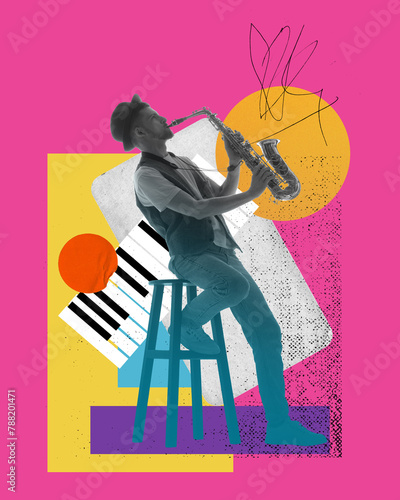 Photography Young man skillfully playing the saxophone