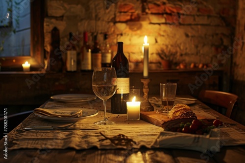 A table set with wine glasses, bread, and a candle, creating a warm and inviting ambiance, An intimate candlelit dinner for two in a rustic setting, AI Generated