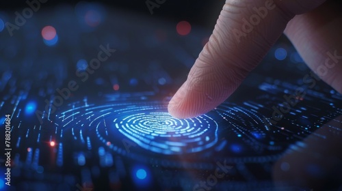Finger initiating a biometric fingerprint scanner on a digital interface, concept of cybersecurity and identity verification