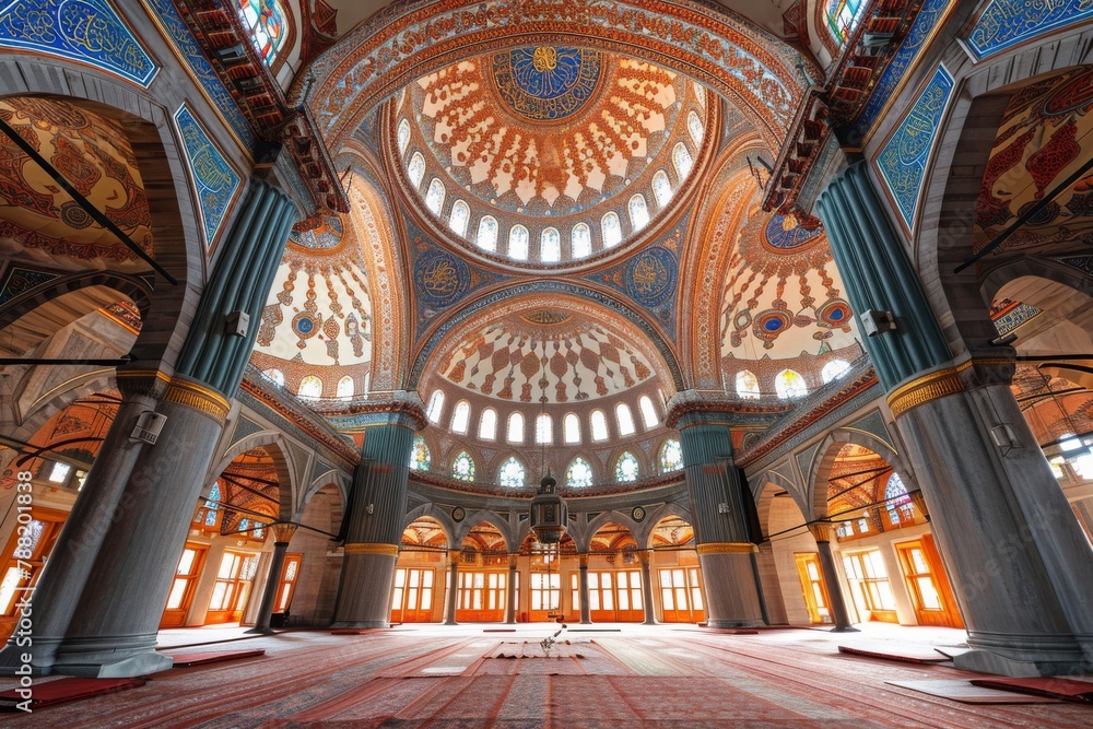A view of the interior of a spacious building featuring numerous windows, allowing natural light to fill the room, An intricate Ottoman mosque in Istanbul, AI Generated