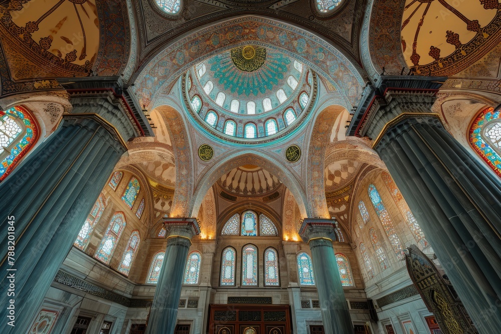 The photograph captures the interior of a large building with an abundance of windows, providing ample natural light and a sense of openness, An intricate Ottoman mosque in Istanbul, AI Generated