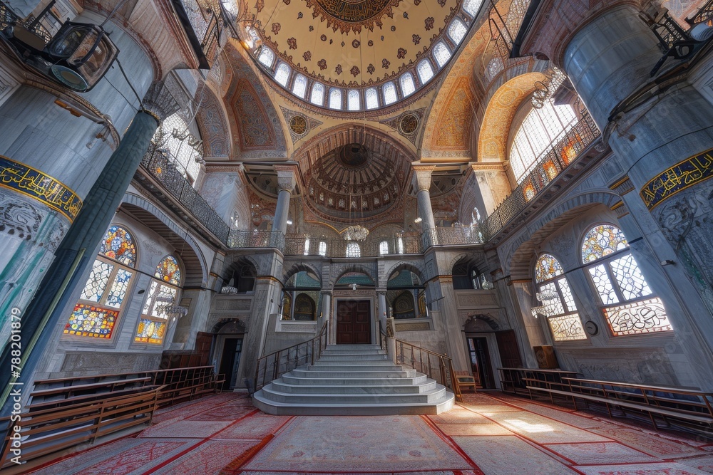 A view of the interior of a spacious building showcasing its magnificent stained glass windows, An intricate Ottoman mosque in Istanbul, AI Generated
