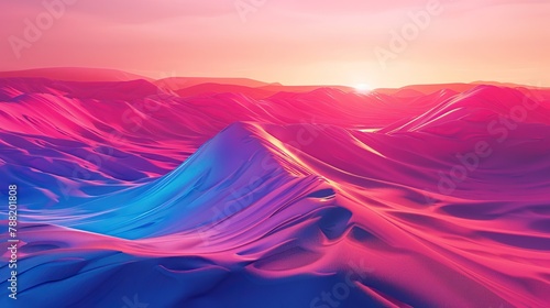 Desert landscape with rolling sand dunes transformed into swirling waves of neon pink and electric blue sand