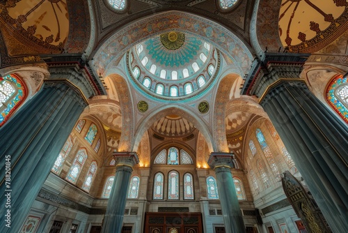 The photograph captures the interior of a large building with an abundance of windows, providing ample natural light and a sense of openness, An intricate Ottoman mosque in Istanbul, AI Generated