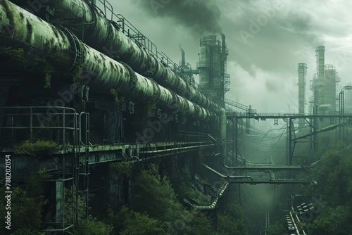 A photo of an industrial factory releasing thick smoke into the air, An intricate pipeline system in an oppressive dystopian landscape, AI Generated