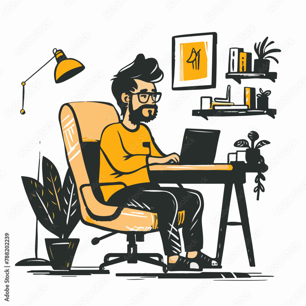 hand drawn of cute stylized man, working in the office in vectorial