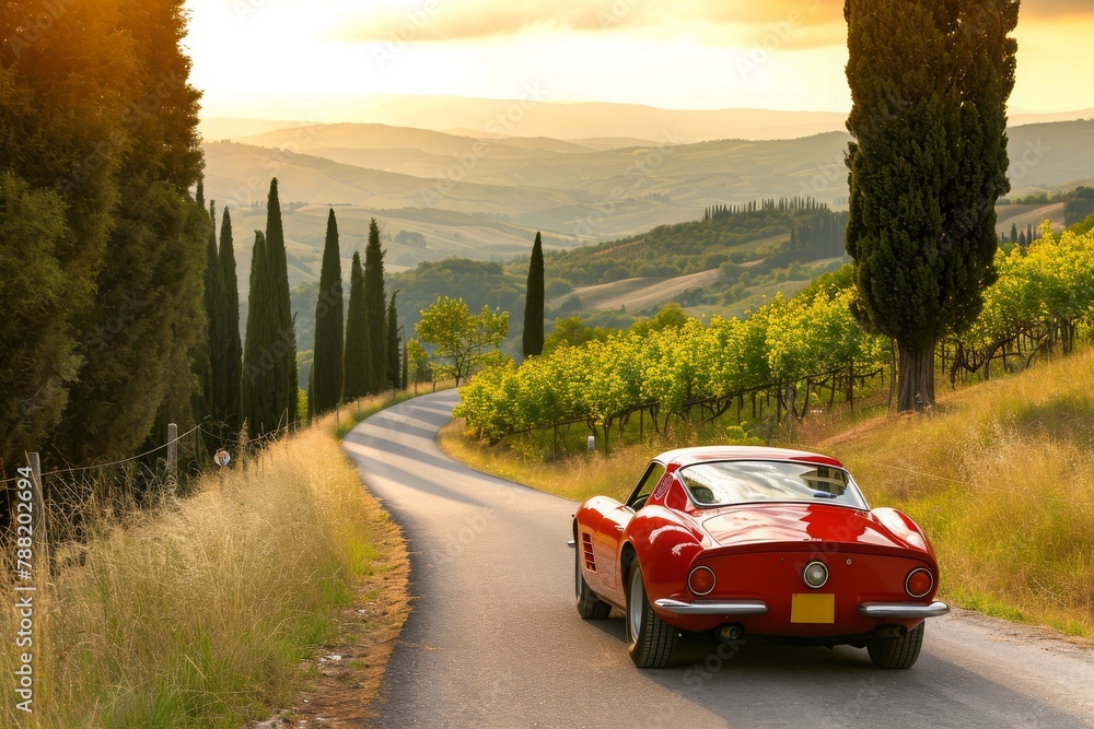 A red sports car speeds down a winding country road against a scenic rural backdrop, An Italian sports car on a winding tuscan country road, AI Generated A red sports car speeds down a winding country road against a scenic rural backdrop, An Italian sports car on a winding tuscan country road, AI Generated