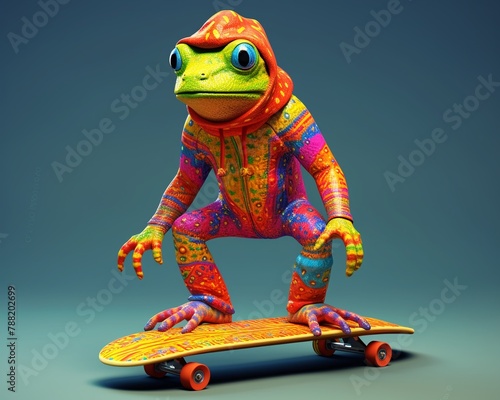 Frog character in a colorful sweater, with a skateboard, naive art ,  high resolution