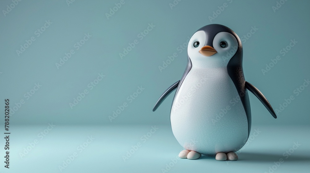Obraz premium Charming Cute Kawaii 3D Mascot Cartoon Penguin Character with a Simplistic Design Standing Against a Soft Grey Background