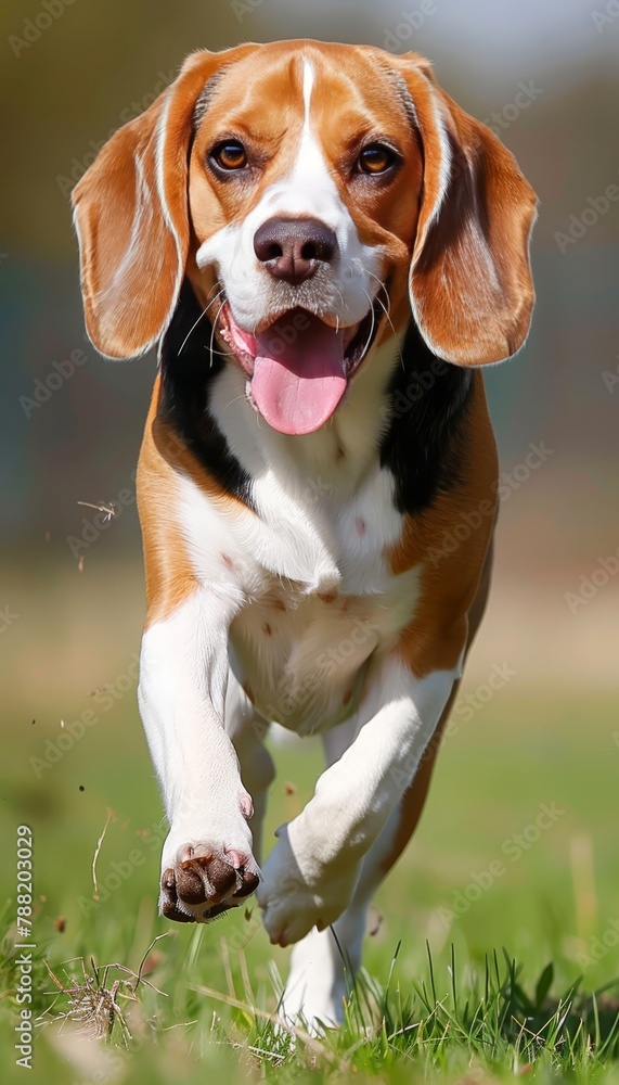Energetic beagle dog happily running in lush green grass field, enjoying freedom and playtime Energetic beagle dog happily running in lush green grass field, enjoying freedom and playtime