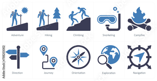 A set of 10 adventure icons as adventure, hiking, climbing