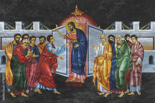Christian traditional image of Doubting Thomas. Religious illustration on black stone wall background in Byzantine style