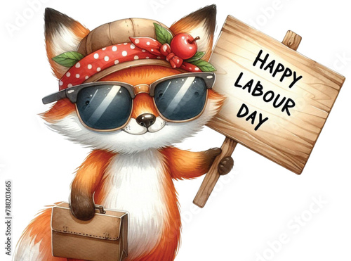 Fox holding a sign labour day  clipart watercolor

