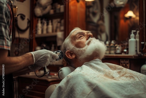 A man sits in a barber chair, while a barber skillfully trims and styles his hair, An older man getting a classic shaving experience in an old-fashioned barber shop, AI Generated