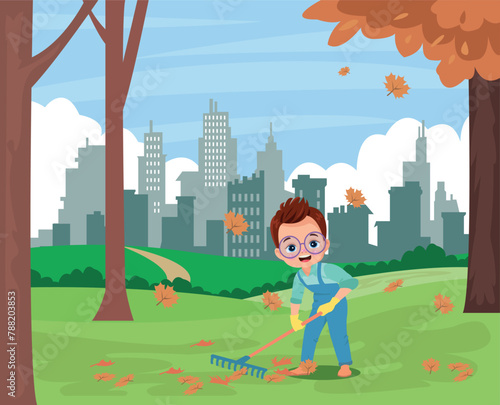 cute boy cleaning dried leaves