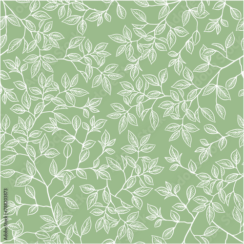 Set of leaves seamless repeating patterns. Randomly placed vector forest branches hand drawn throughout the print on a sage green and beige background. © andrei
