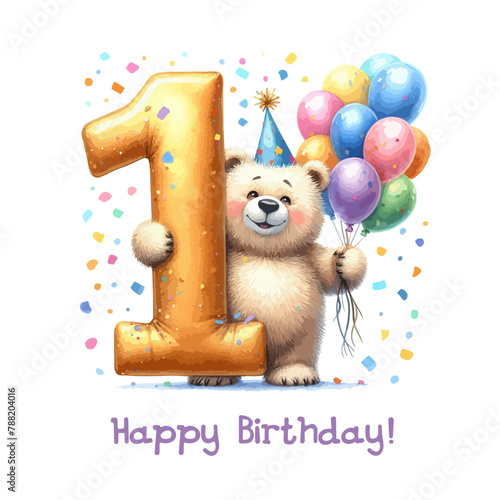 Watercolor birthday card with big number one and gift boxes
