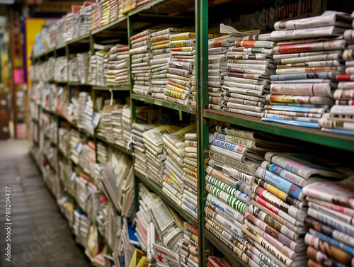 Stacked Newspapers at a Stand