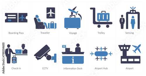 A set of 10 airport icons as boarding pass, traveller, voyage