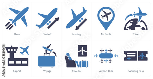 A set of 10 airport icons as plane, takeoff, landing