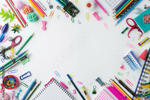 School and office supplies frame, on white background, back to school