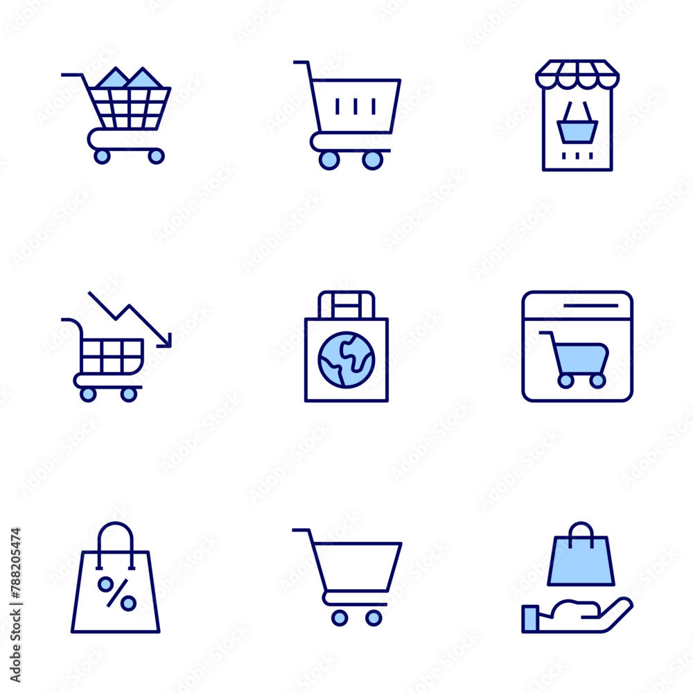 Shopping icon set. Duo tone icon collection. Editable stroke, purchase, trolley cart, shopping cart, shopping bag, online shopping.