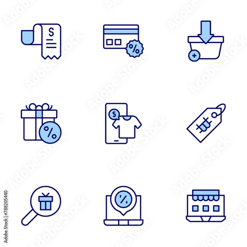 Shopping icon set. Duo tone icon collection. Editable stroke, bill, credit card, gift box, virtual reality, add to cart, magnifying glass, laptop, price tag, online shopping.