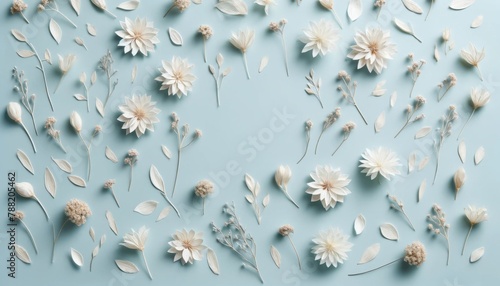 Artistic arrangement of white flowers and leaves in a repeating pattern on a pastel blue background.