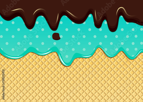 Double mint cream and  chocolate cream melted waffle cone vector pattern. Ice cream waffle sweet liquid biscuit candy cartoon cream