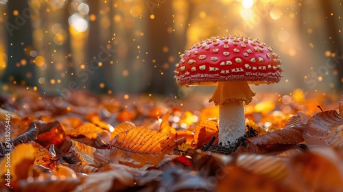 Colorful mushroom with a vibrant red cap dotted in white, sprouting from a forest floor