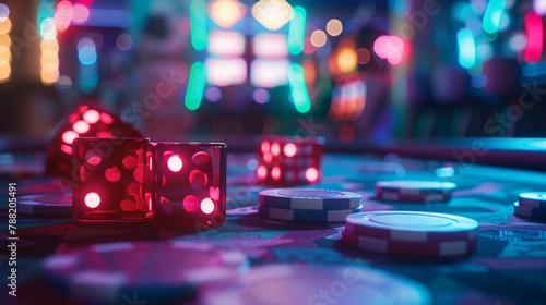 Casino roulette table with red dices, shallow depth of field