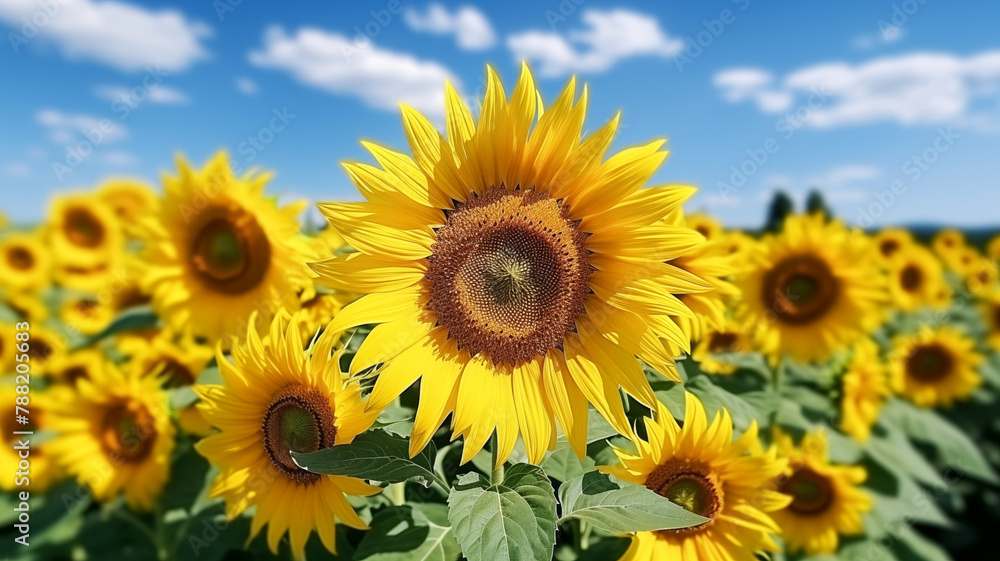 Fototapeta premium Agricultural field with yellow sunflowers against the sky with clouds